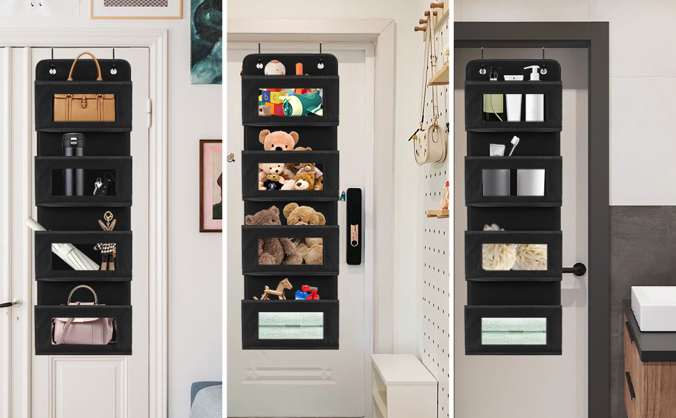 Настінна вішалка-органайзер на двері з 4 великими кишенями та прозорим вікном, 2 металеві гачки, чорний колір, для спальні, офісу, дитячої кімнати
