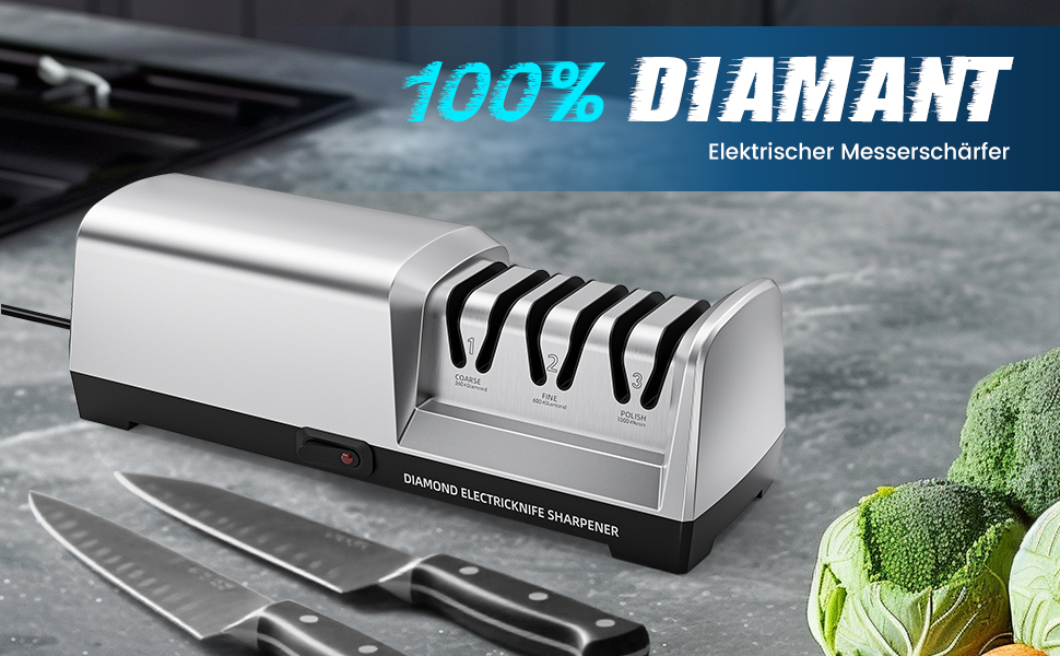 Електричний точило для ножів професійний 3-ступеневий з захистом від перегріву, тихий мотор, швидке заточування для кухонних ножів (срібний)