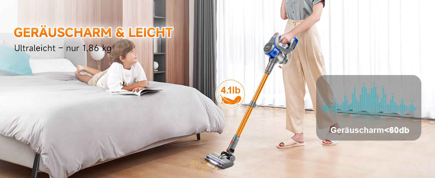 Бездротовий акумуляторний пилосос 45000 Па / 45 хв - 1,6 л з LED-дисплеєм, антизаплутувальною насадкою, тихий (<60 дБ), HEPA-фільтр, для видалення шерсті тварин, килимів, твердих поверхонь, авто, блакитний