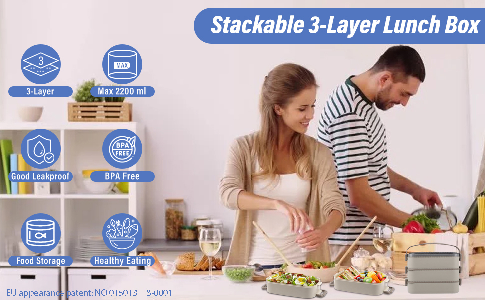 Ланчбокс Brotdose 3-х ярусний на 2200 мл з посудом, для дорослих, без BPA, підходить для мікрохвильової печі, бежевий