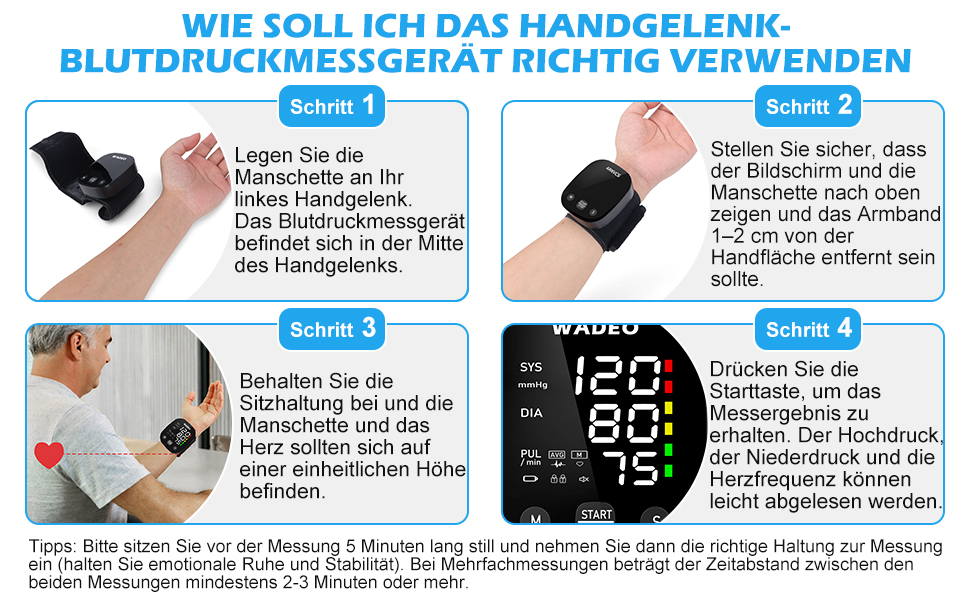 Цифровий тонометр WADEO на зап'ясті, мовлення 5 мовами, виявлення аритмії, портативний тонометр для дому та подорожей, 2 x 99 пам'ять, з батарейками та коробкою для зберігання, білий (чорний)
