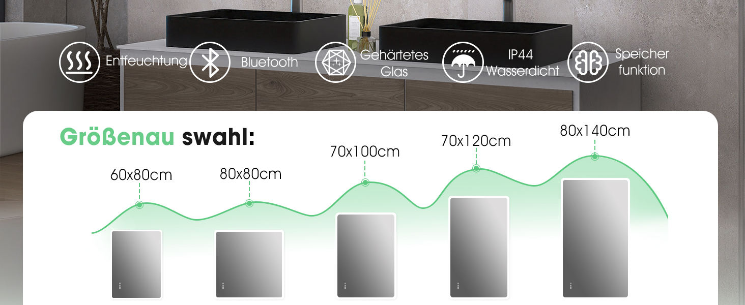 Дзеркало для ванної кімнати S'bagno з підсвічуванням 80x60 см, Bluetooth, протитуманне покриття, 3 кольори, регулювання яскравості, пам'ять налаштувань, загартоване скло, водонепроникність IP44, горизонтальне/вертикальне встановлення M66 (Bluetooth)