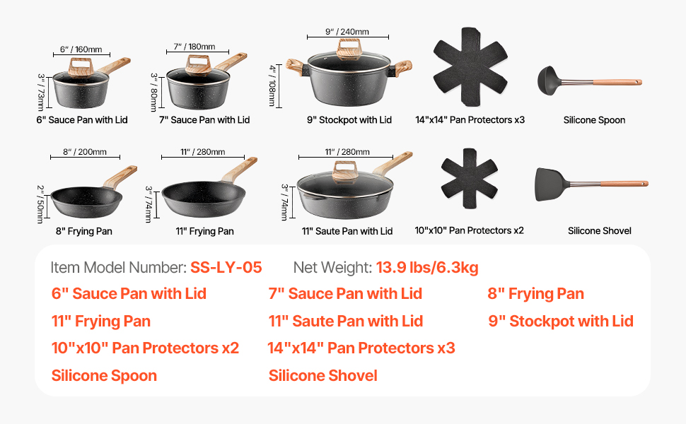 Набір каструль та сковорідок VEVOR з індукційним покриттям (17 предметів) з кришками з термостійкого скла, антипригарне покриття, для кухні, кемпінгу, приготування соусів та тушкування (чорний)