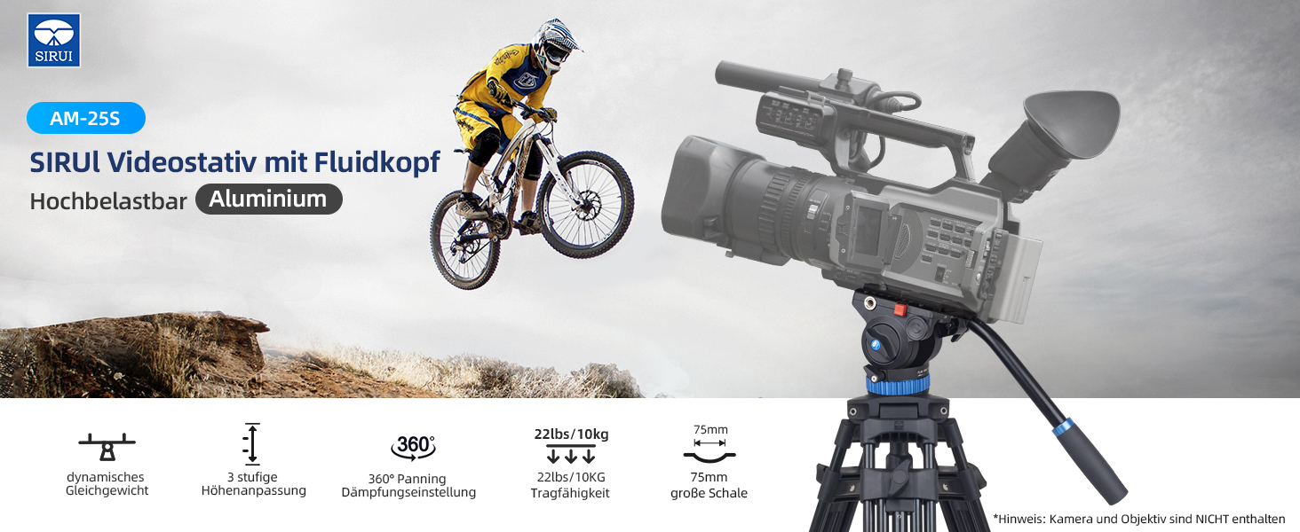 SIRUI AM-25S: Професійний штатив для відеозйомки з Fluid-головкою, 190 см, для камер, DSLR, відеокамер, максимальне навантаження 10 кг