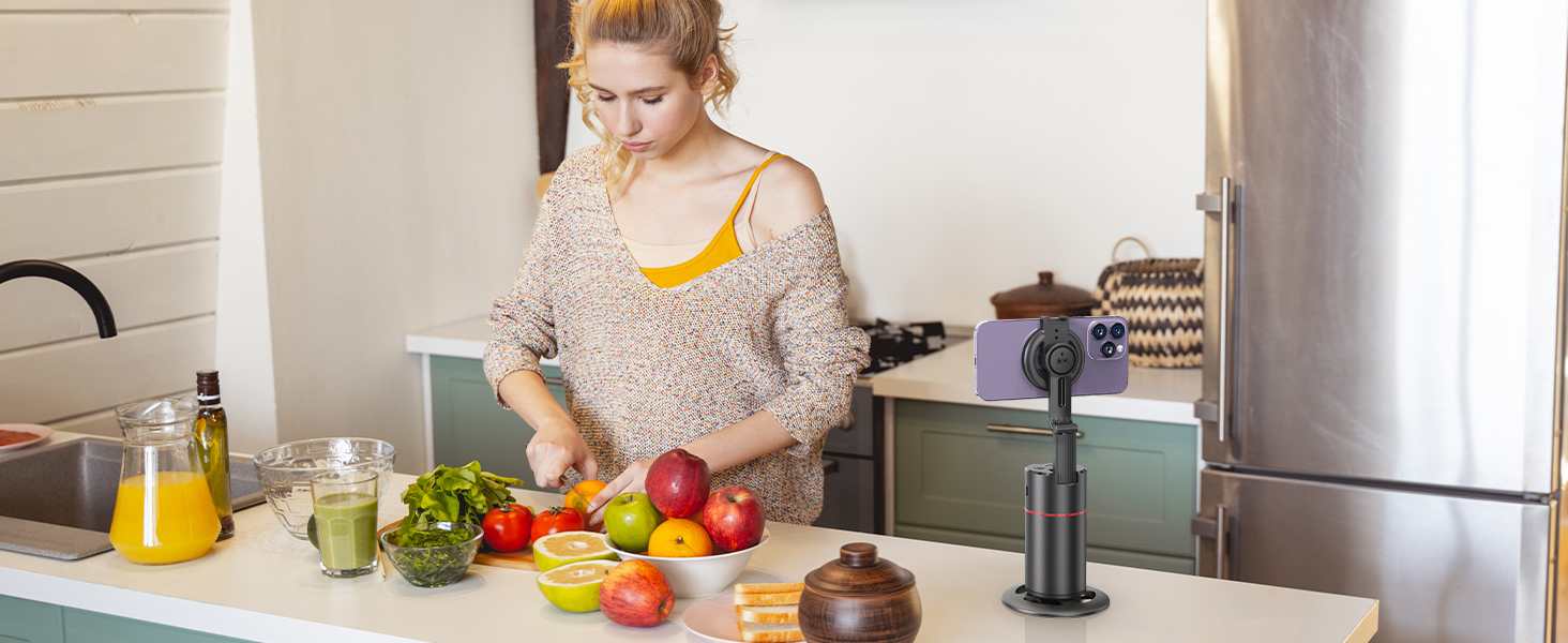 Автоматичне штатив для розпізнавання облич, без додатків, розумна підставка для телефону з пультом дистанційного керування, обертається на 360°, тримач для камери/смартфона, штатив для Vlogs/TikTok (Чорний з магнітом)