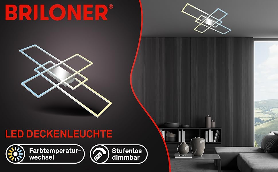 BRILONER LED стельова лампа з пультом, диммована, регульована температура світла, для вітальні, спальні, кухні, хром-алюміній, 104x71 см