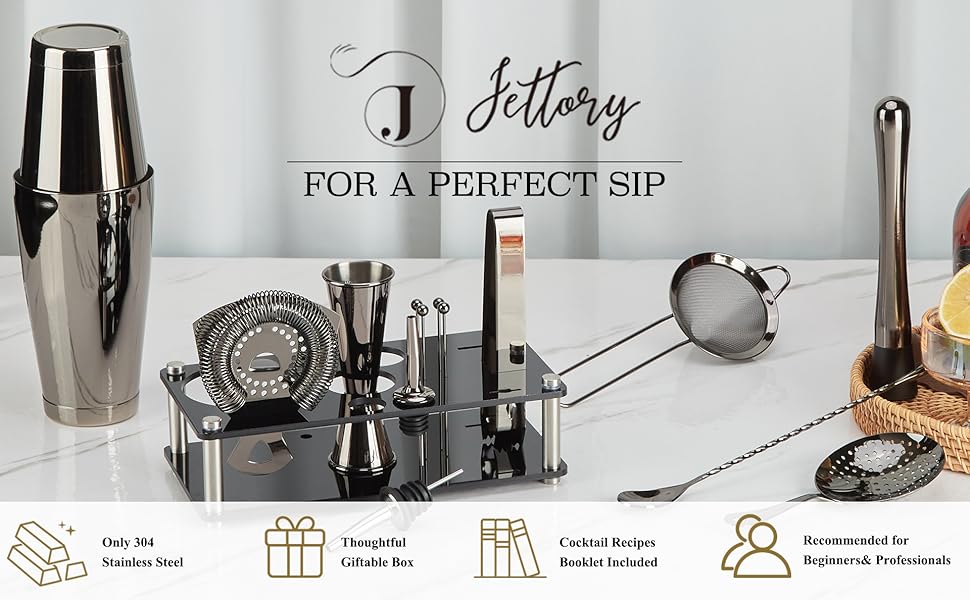 Набір шейкерів Boston - 16 предметів, нержавіюча сталь з акриловою основою, сито, щипці для льоду, барна ложка, мірний стакан, мадлер, виливний носик та шпажки для коктейлів (чорний)