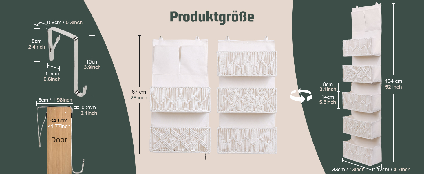 Організатор для дверей з 4 кишенями, Бохо декор, Настінна полиця-організатор з 2 гачками, Складаний настінний органайзер для спальні, дитячої кімнати, ванної (5 кишень-слонова кістка)