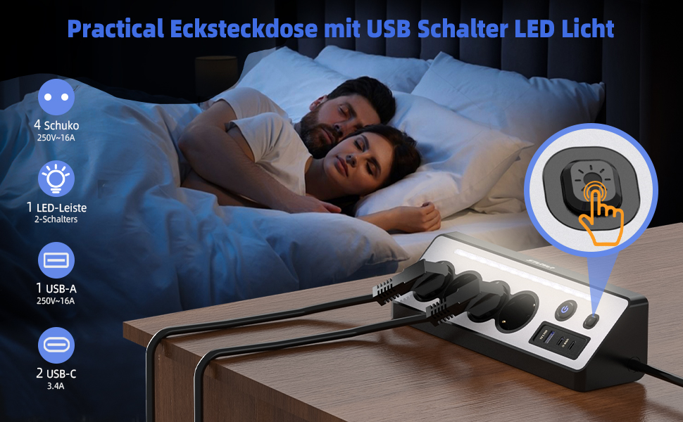 Мережевий адаптер з USB та 2 Type-C, 4 розетки, 16A, 3680W, з вимикачами, захист від перенапруги, LED, для кухні/офісу, білий/чорний