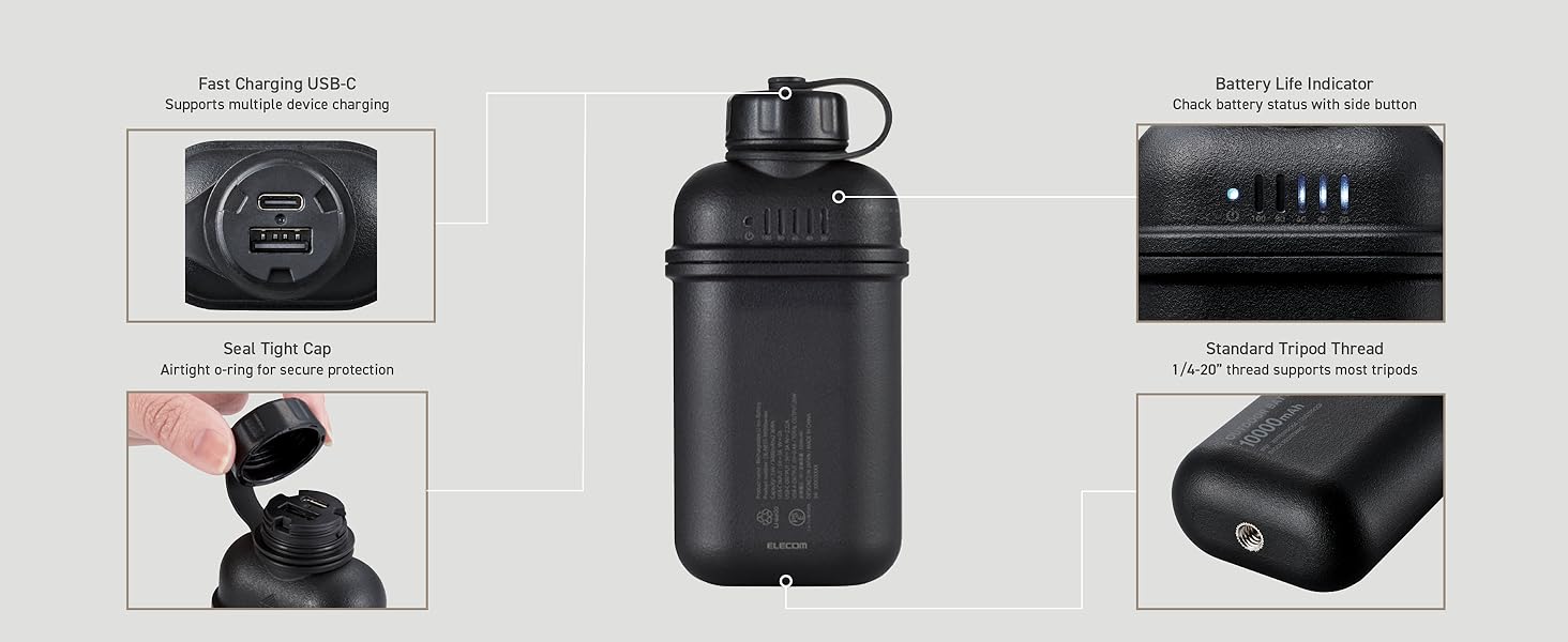 Портативний зарядний пристрій ELECOM NESTOUT 10000mAh: водонепроникний, ударостійкий, з Power Delivery 20W (USB-C) - Чорний