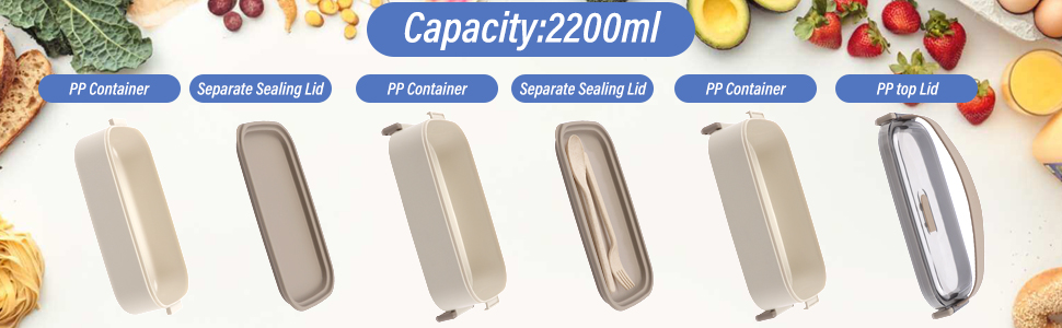 Ланчбокс Brotdose 3-х ярусний на 2200 мл з посудом, для дорослих, без BPA, підходить для мікрохвильової печі, бежевий