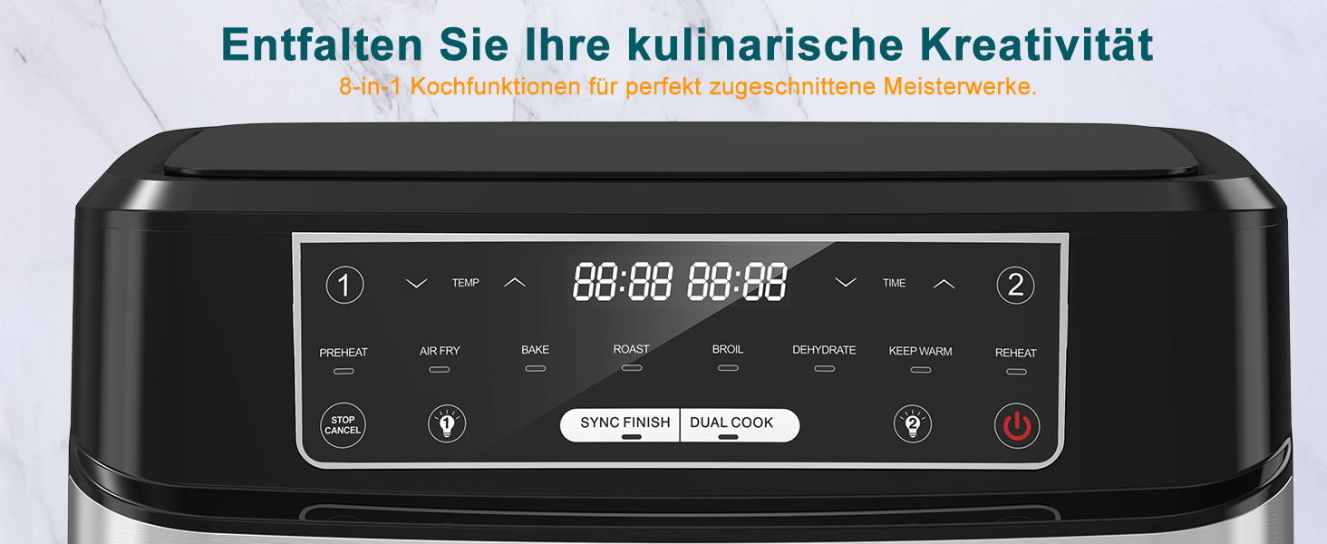 Фритюрниця без олії з 2 камерами, 10л, XXL, 8-в-1, сенсорний екран, таймер, для здорового харчування