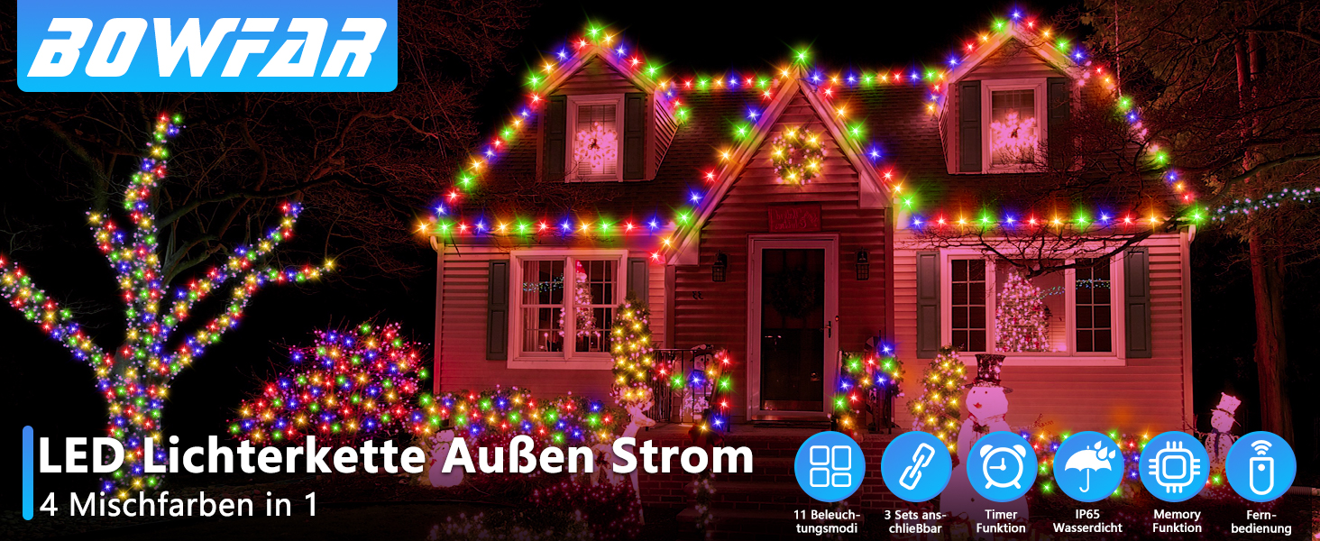Гірлянда світлодіодна зовнішня 10м, 100 LED, тепле біле та кольорове світло, з пультом, таймером, 11 режимів, для декору балкона, саду, вечірки, весілля, ялинки