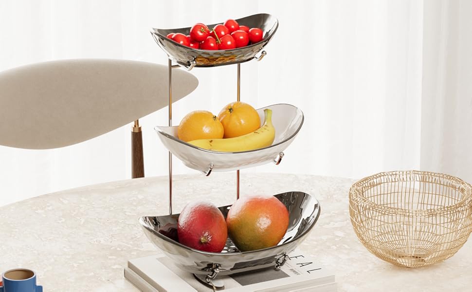Набір для фруктів та овочів Acliys 3 яруси з кераміки, набір для кухні, порцелянові миски для зберігання фруктів, овочів, снеків, десертів, тортів, тарілка-решітка для вечірки, весілля, сріблястий