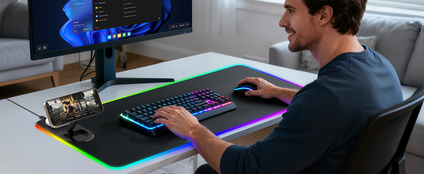 Ігровий RGB килимок для миші з бездротовою зарядкою Qi 15W, 800x350x4мм, 10 режимів підсвічування, швидка зарядка 10W для iPhone та навушників, водонепроникний, протиковзаючий (Чорний)