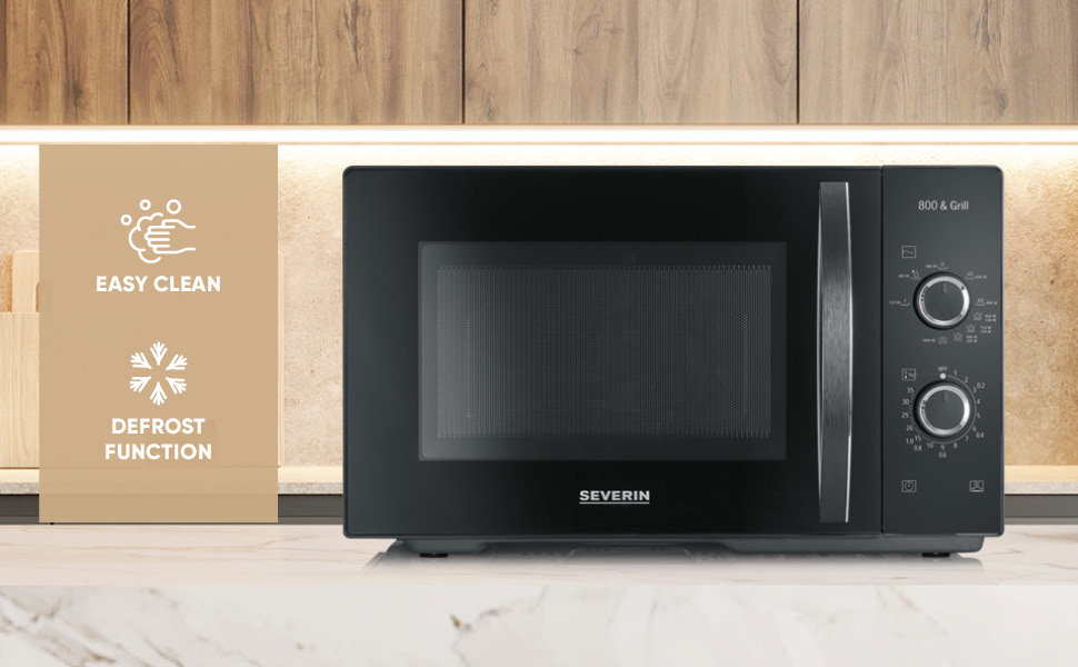 Мікрохвильова піч Severin 2-в-1 з грилем, 20 л, чорна, MW 7762. Плоский скляний стіл, 2 рівні, велика площа, для прямокутного посуду, легке очищення