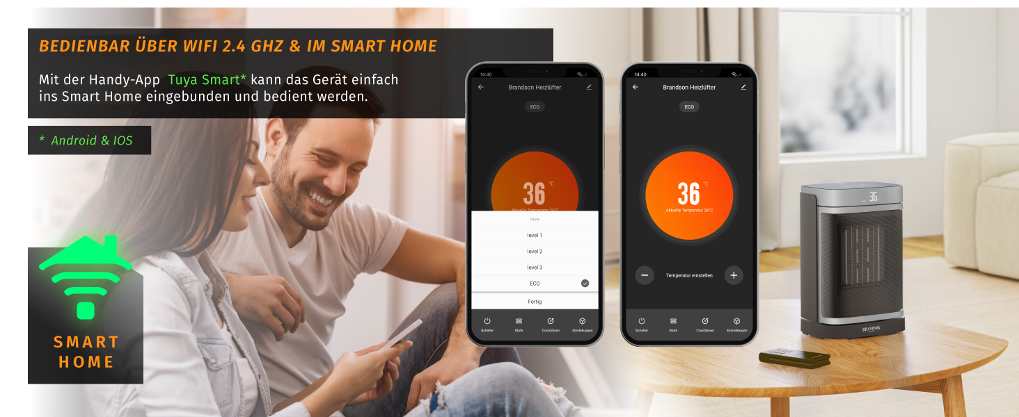 Електричний обігрівач Brandson з Wi-Fi, дистанційним керуванням та режимом ECO - тихий, з дитячим замком, таймером, для ванної, вітальні, офісу, дитячої кімнати