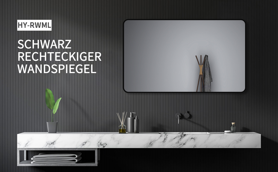 Дзеркало настінне прямокутне з заокругленими кутами, 40x60 см, чорне, нержавіюча сталь. Підходить для ванної кімнати та вітальні.