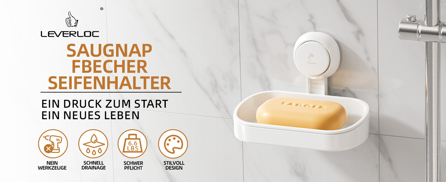 Тримач для мила LEVERLOC з піддоном, MAX 3 кг, настінний, без свердління, з присосками, для ванної кімнати та кухні, білий (2 шт.)