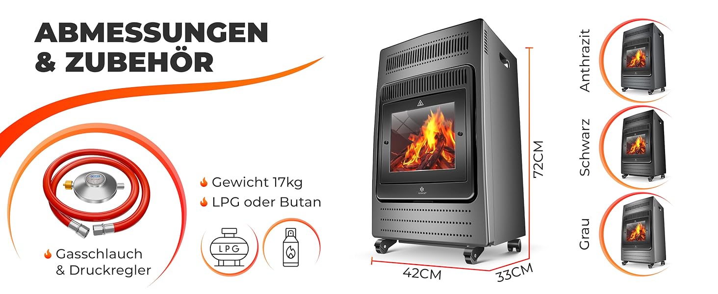 Газовий обігрівач KESSER® - газовий камін з інфрачервоним нагрівачем, 3.4 кВт, 2 режими, з газовим редуктором та шлангом, для бутану/пропану, антрацит