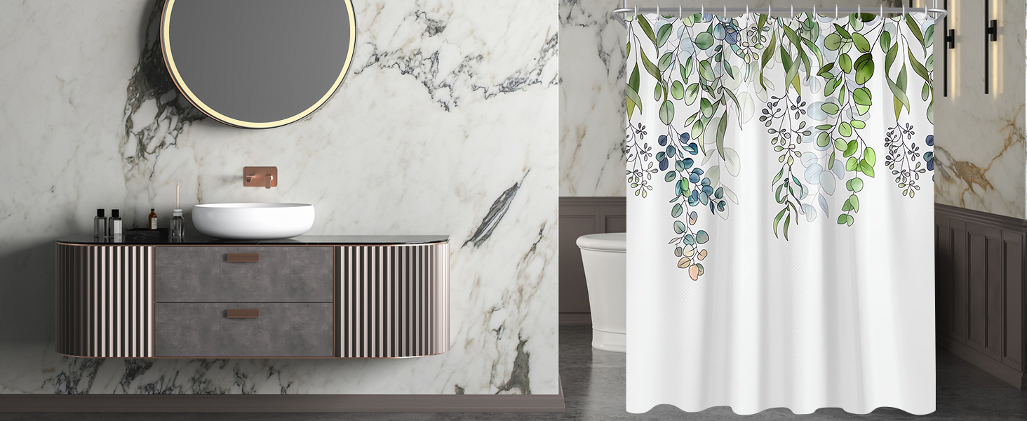 Штора для душу 300x200 см, зелені листки, антигрибкова, текстильна, з обтяженим краєм, водовідштовхувальна, поліестер, з кільцями та 16 гачками для ванної кімнати