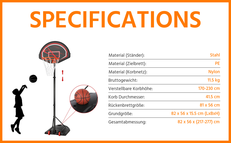 Yaheetech Portable Outdoor Basketball Hoop Stand with Wheels - Adjustable Height 217-277cm Black