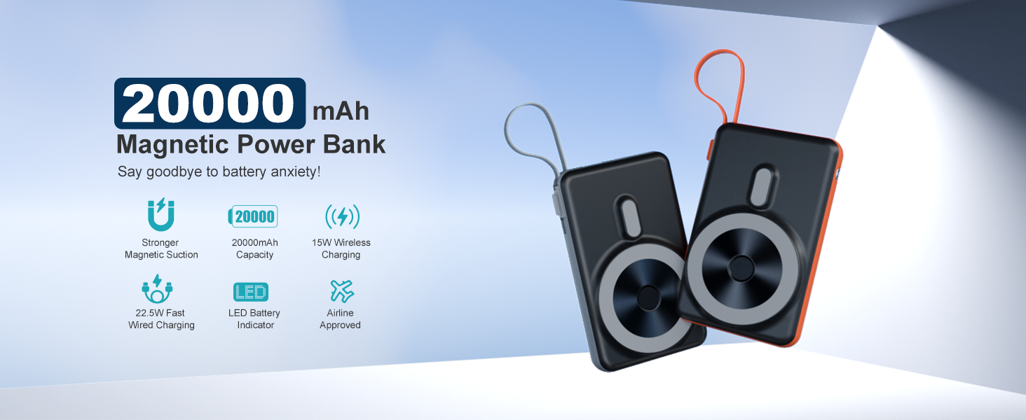 Powerbank MagSafe 20000mAh з PD 20W, USB-A, магнітним з'єднанням, інтегрованими кабелями, бездротовою зарядкою 15W, цифровим дисплеєм, сірий колір