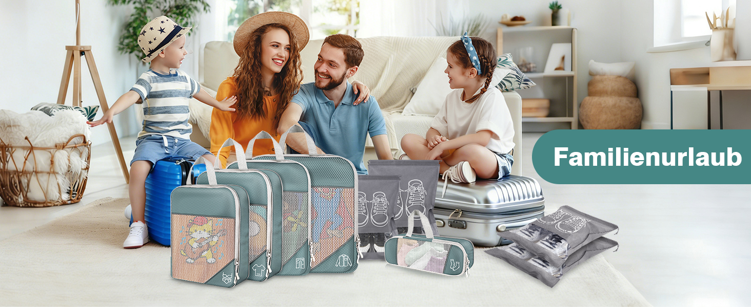 Органайзер для валізи, набір Packing Cubes (9 шт.) з компресією та чохлом для взуття, сірий. Водонепроникні та дихаючі кишені для подорожей та переїзду.