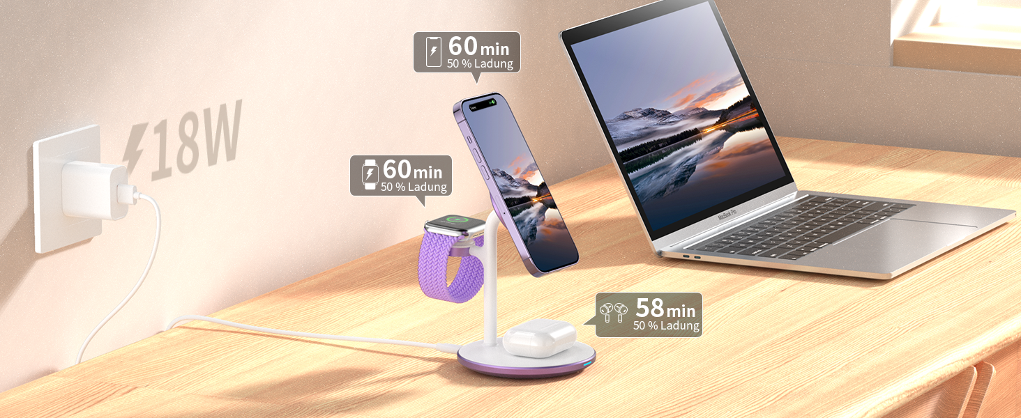 3-в-1 Бездротова Зарядка для Багатьох Пристроїв: iPhone, iWatch, AirPods (15W, MagSafe, Lila)