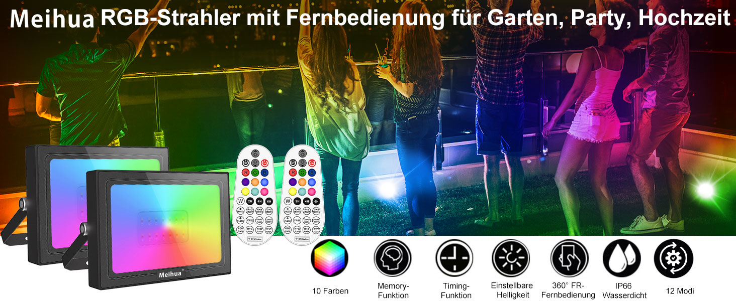 Світлодіодний RGB прожектор MEIHUA 25W, 2 шт, IP66, з пультом, 10 кольорів, 12 режимів, діммер, таймер, для вулиці та приміщення, пам’ять налаштувань, для саду, дерева, ландшафту