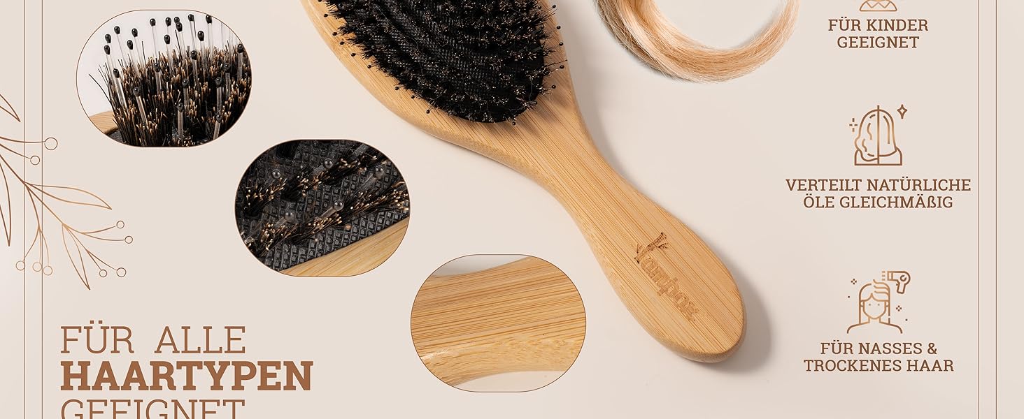 Бамбукова щітка для волосся з щетиною дикого кабана Lampox, масажна щітка для голови, розплутування волосся для жінок, чоловіків та дітей (овальна)