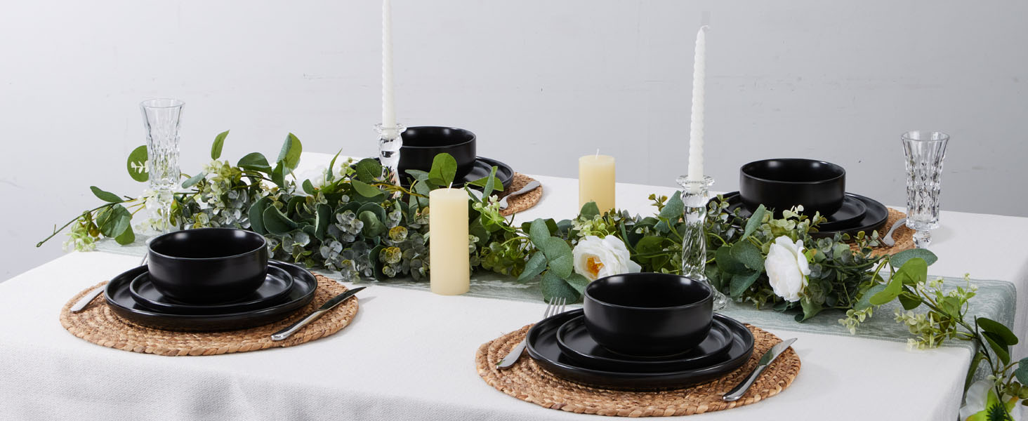 Набір посуду Joyfair на 6 осіб, 18 предметів: тарілки, миски, десертні тарілки, чорний колір, кераміка, для посудомийної машини та мікрохвильової печі