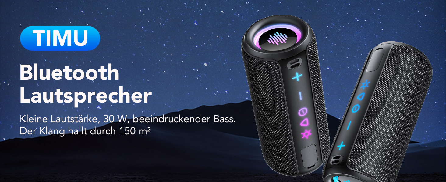 Портативна Bluetooth колонка TIMU з підсвіткою, 25 Вт, IPX7, 20 год, AUX, TF-карта, чорна