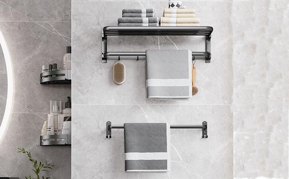 Тримач для рушників без свердління чорний матовий, самоклеючий, з 5 гачками, 58 см, алюміній