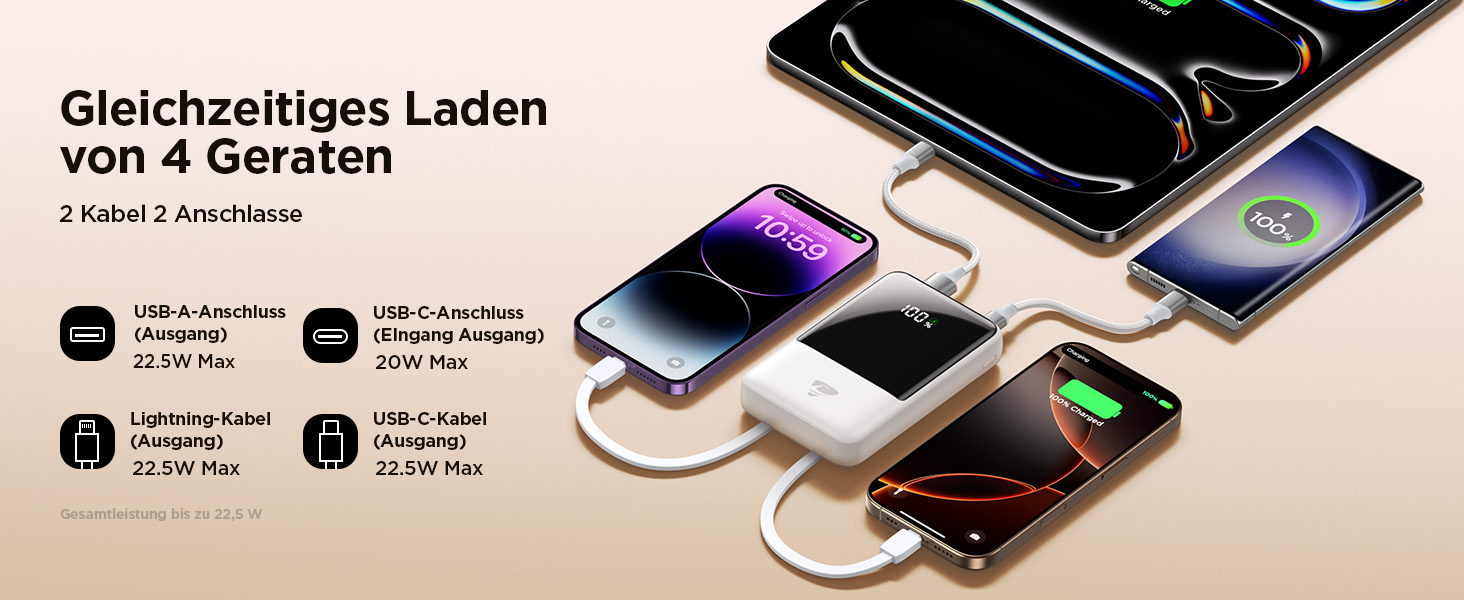 Power Bank 20000mAh з вбудованим кабелем, швидка зарядка 22,5W, USB-C, LED-дисплей, для iPhone 17 16 15 14 13 12 11, білий, 20000mAh