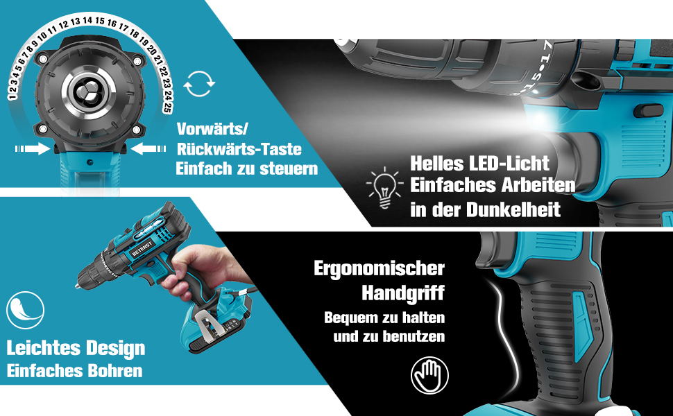 Акумуляторний шуруповерт BETENST 21V з 2 акумуляторами 2.0Ah, 42Nm, 25+3 ступені крутного моменту, 2 швидкості, LED-ліхтар, 30-ти елементний набір для дому та саду, DIY проєкти, блакитний