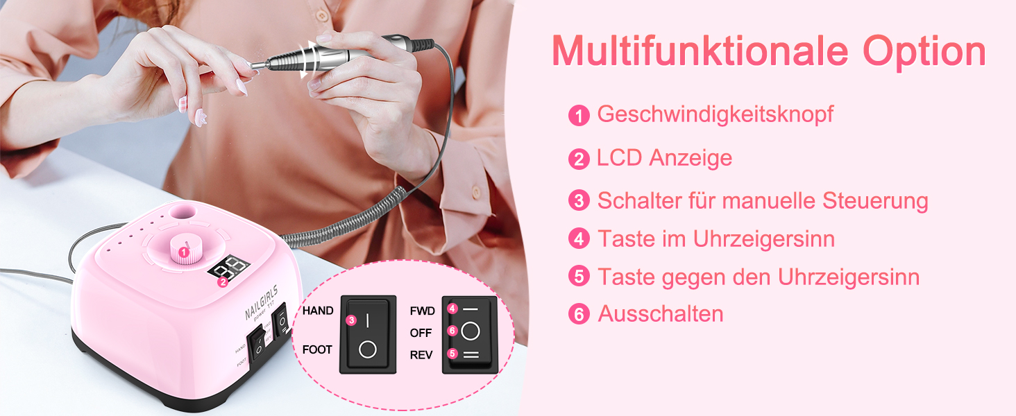 Електричний фрезер для нігтів Nailgirls 11 в 1 з педаллю, 35000 об/хв, для гель-лаку, манікюру та педикюру (Рожевий)
