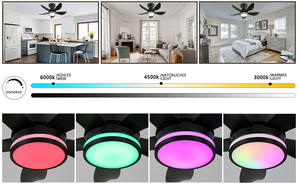 30-дюймовий стельовий вентилятор з підсвічуванням RGB, диммирування, керування пультом та додатком, 6 швидкостей, таймер, чорний, діаметр 76 см