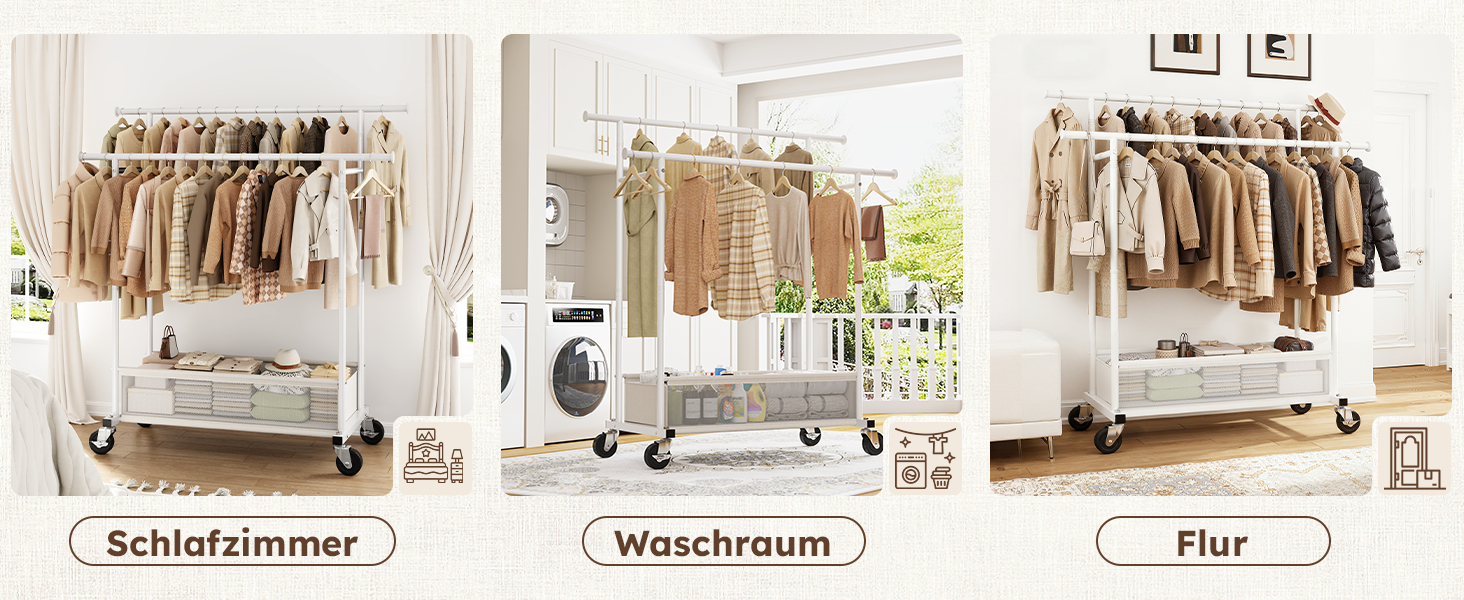 Подвійний мобільний вішак для одягу з кошиком для білизни, металевий (110 кг), білий - міцний вішак для пальт, суконь, светрів