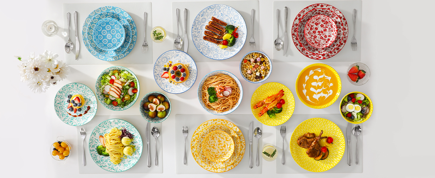 Набір посуду Vancasso Selene на 6 осіб, 24 елементи: тарілки, супові тарілки, миски, десертні тарілки з пастельного порцеляну. Підходить для мікрохвильової печі.