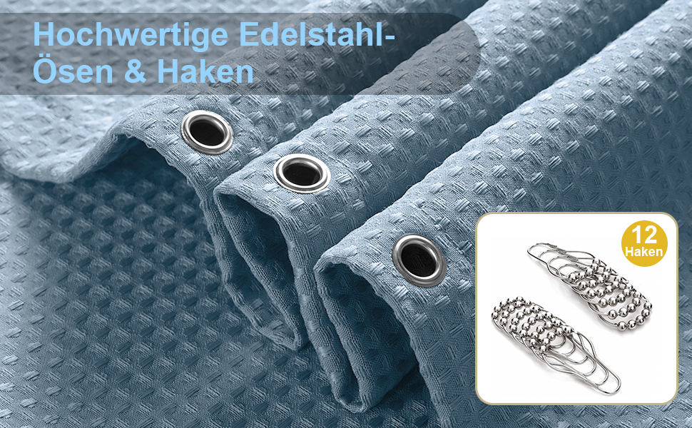 Штора для ванної кімнати Waffel з кільцями, 182x182 см, біла (вафельний малюнок, блакитний місячне світло), водовідштовхувальна, антигрибкова