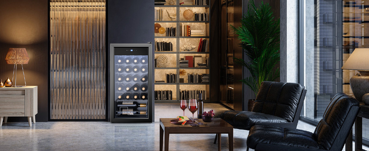 WIE 33 Liter Wine Fridge - 1 Zone Mini Wine Cooler with Glass Door & LED Touch Panel - Anti-UV Wine Storage for 28 Bottles