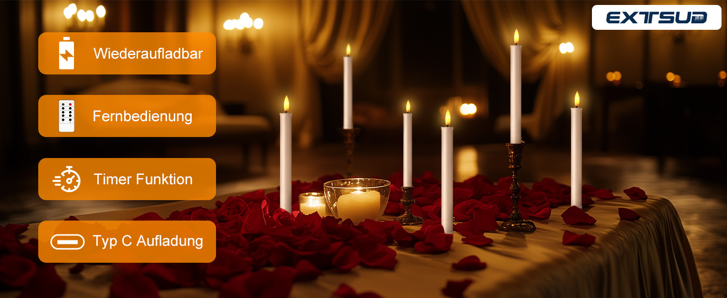 EXTSUD 6er LED Pillar Candles Rechargeable LED Pillar Candles with Timer and Remote Control Soft Silicone Wax Core, Unique Tear-Drop Design LED Candles for Living Room, Wedding, Dining Table, and Garden Party