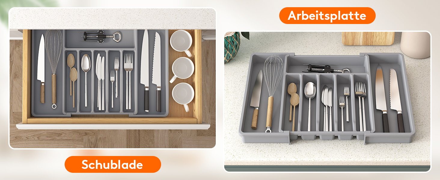 Органайзер для столових приборів Lifewit в шухляду, розсувний, пластиковий, 7-9 відділень, 38-50 см, сірий