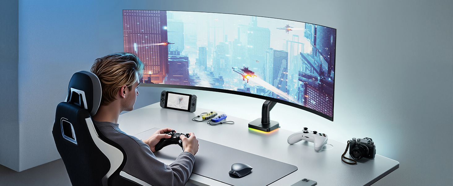 Кріплення для монітора ARES WING RGB - тримач для ігрового монітора, 17-49 дюймів, підходить для важких (20 кг) та вигнутих моніторів, регульована висота, чорний