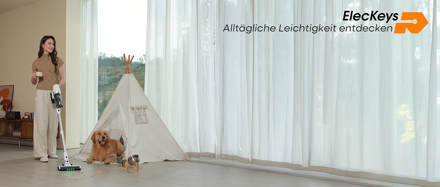 Акумуляторний пилосос ElecKeys 48000Pa/580W з LED-дисплеєм, антизаплутана щітка, 65 хвилин роботи, 7-шарова фільтрація, для твердих поверхонь, килимів та шерсті тварин, білий