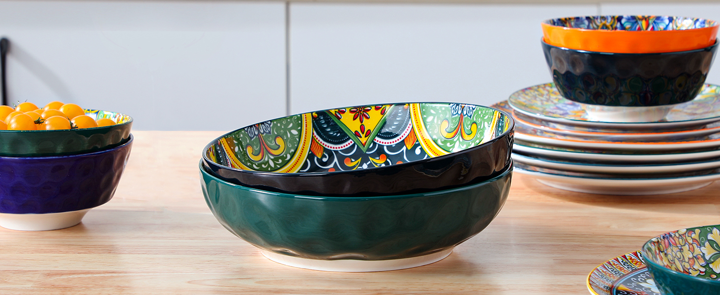 Набір тарілок Vancasso 4 шт. для супу та салату, керамічні, 2340 мл, темно-синій та зелений, придатні для миття в посудомийній машині та мікрохвильовці