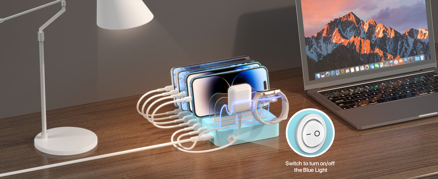 Зарядна станція SooPii USB 60W/12A, 6 портів, органайзер для декількох пристроїв з тримачем для Apple Watch, 6 кабелів (синій)