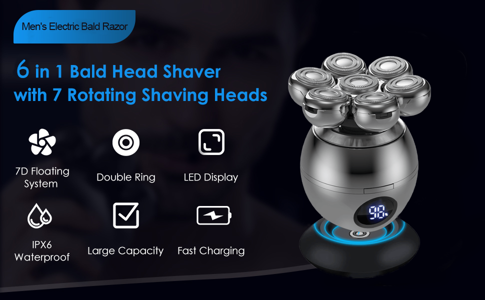 Електричний гострострумний апарат для гоління чоловічий 6-в-1 з LED дисплеєм, IPX6 водонепроникний, бездротовий, з індикатором заряду батареї