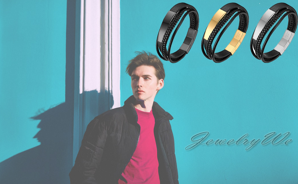 Чоловічий шкіряний браслет JewelryWe, ручної роботи, плетіння з кількох рядів, зі сталевим магнітним застібкою, регульований, для чоловіків та жінок